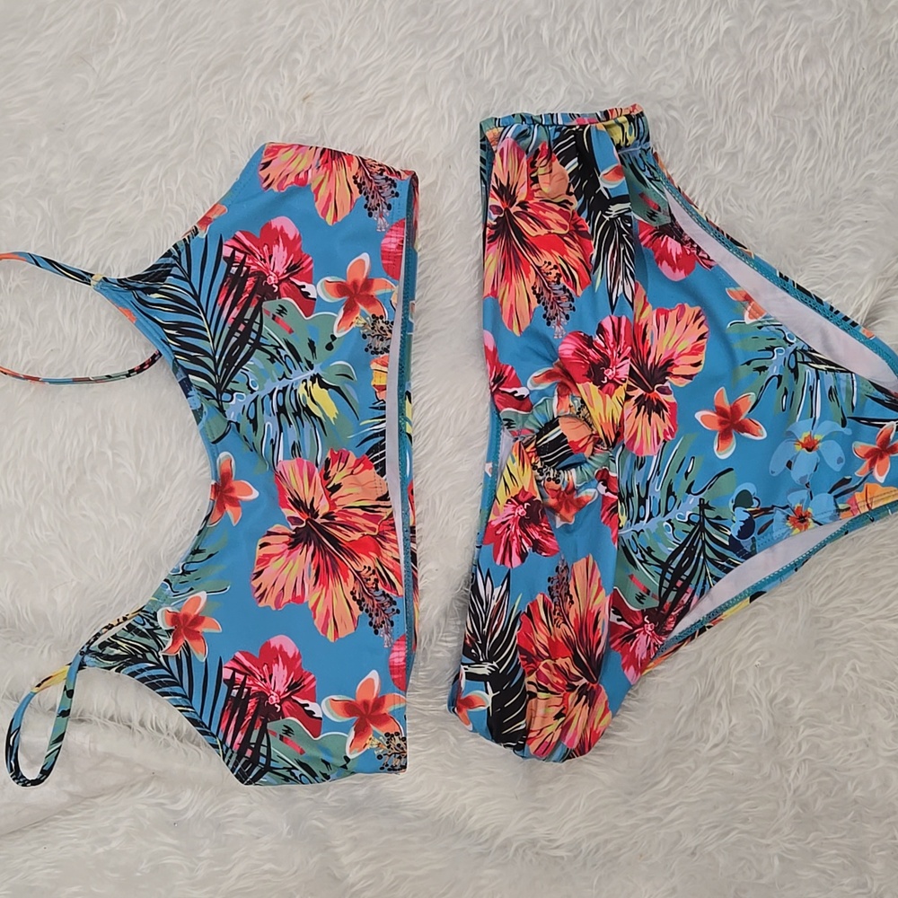 Tropical Floral Bikini Set Women’s‎ Two Piece Swimsuit Blue Hibiscus Print XL